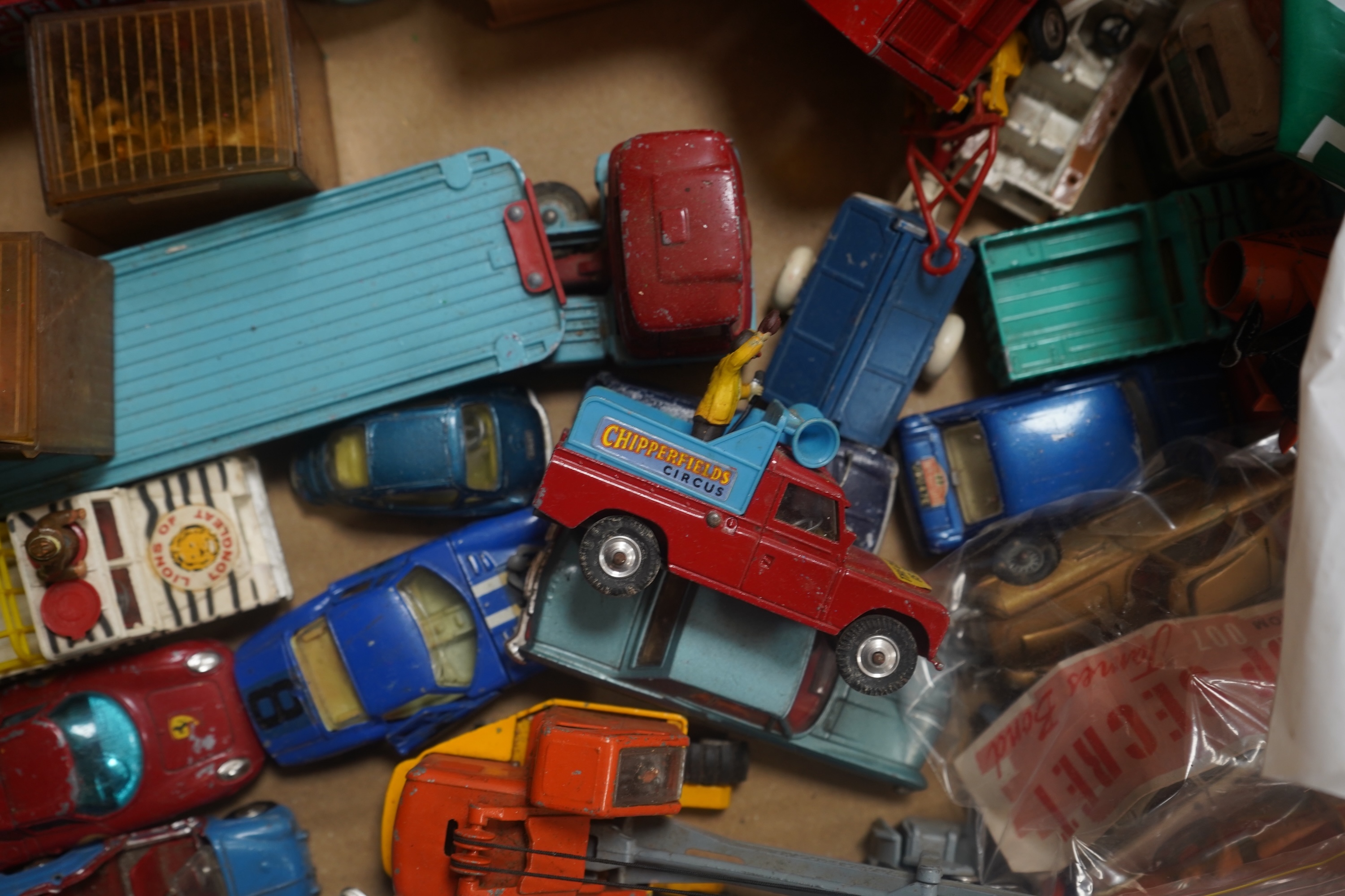 A collection of diecast vehicles by Dinky Toys, Corgi Toys, Husky, Matchbox Series, etc. including a good selection of French Dinky Toys military vehicles, original Chipperfields Circus vehicles, cars, commercial vehicle
